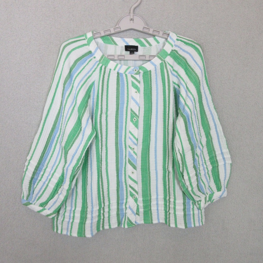 Talbots Blouse Womens M Green Blue Striped 3/4 Sleeve Cotton Gauze Button Front